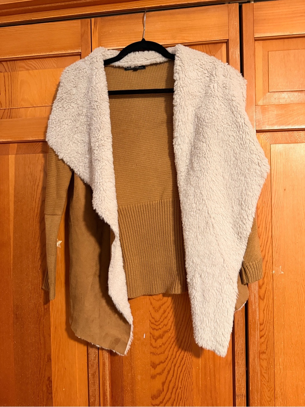 Cozy Sherpa-Trim Open Front Cardigan - Camel and Cream